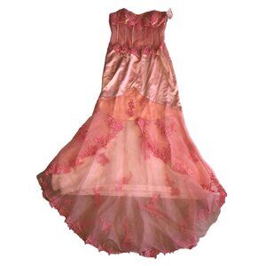 Alyce Designs Size 12 Gown Prom Strapless Formal Coral Pink Sheer Beaded NEW